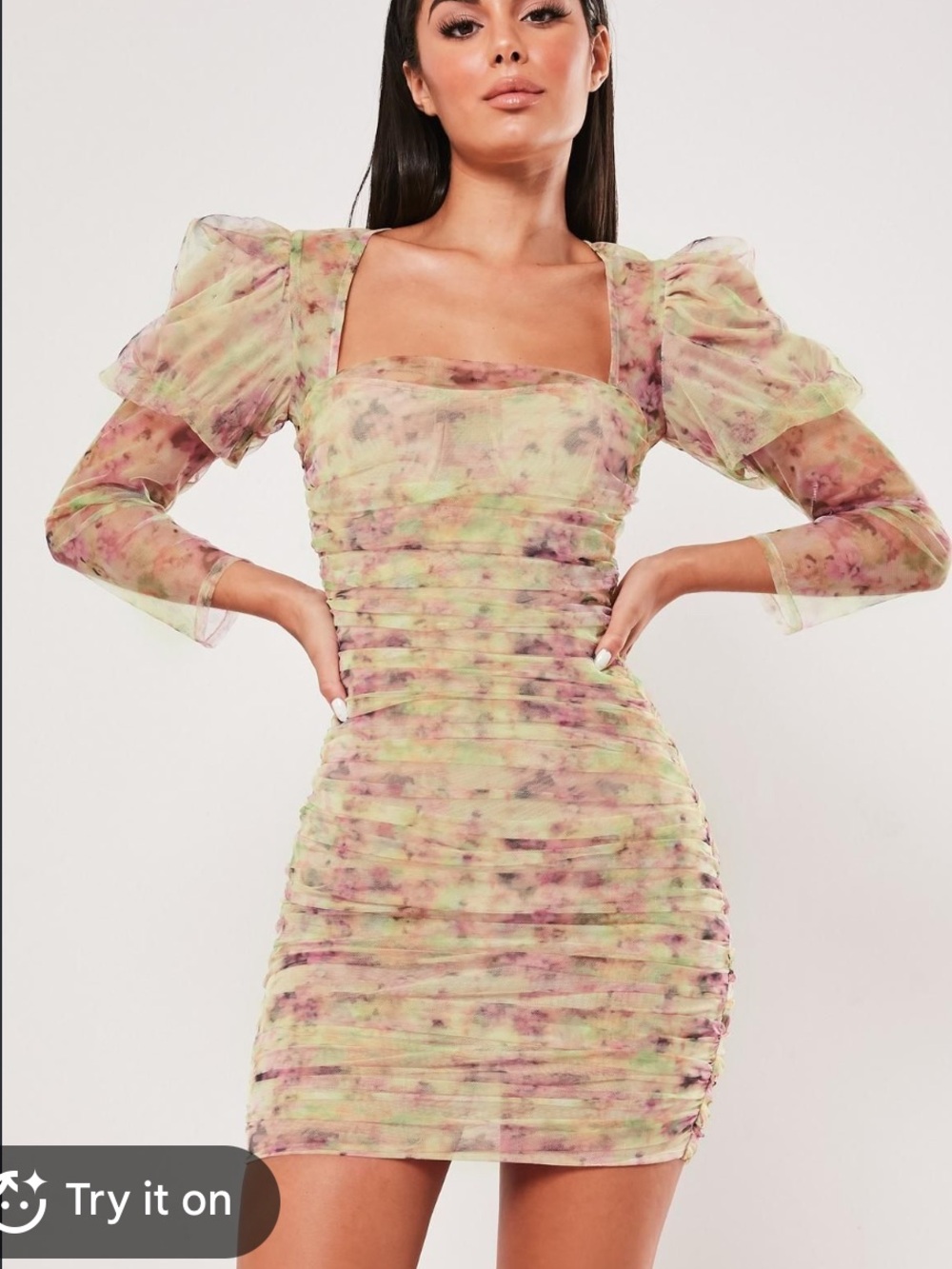 Missguided Pastel Floral Sheer Puff Sleeve Mini Dress